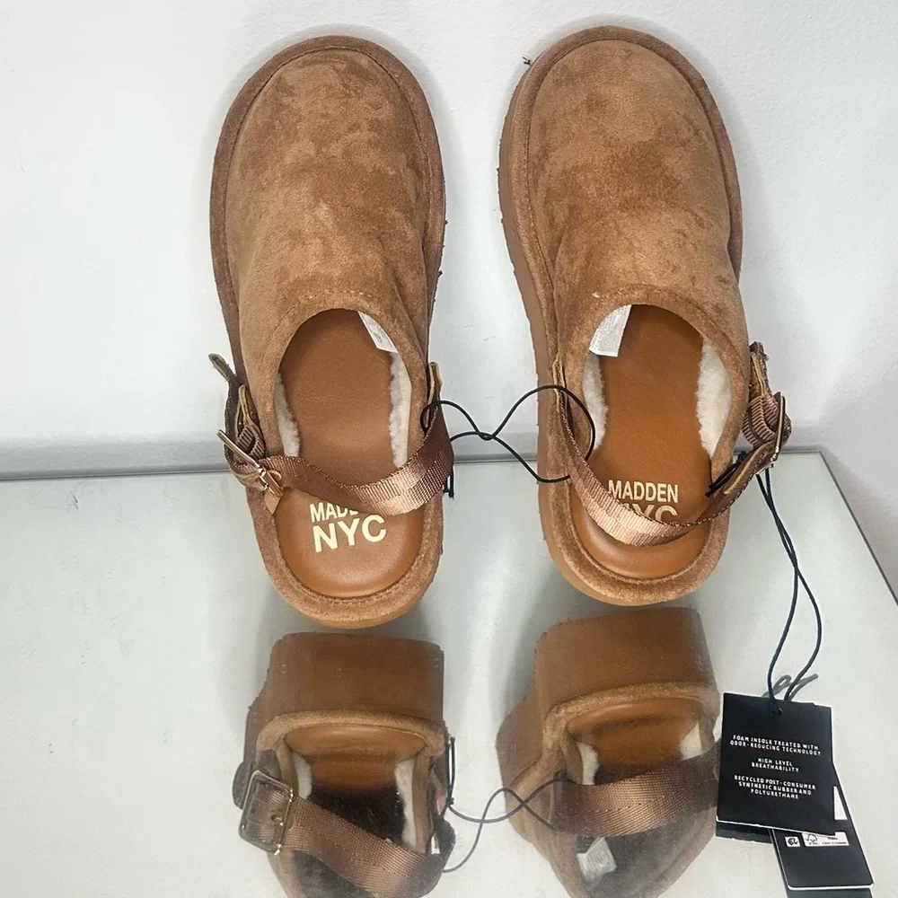 Girls Cozy Shearling Clogs Tan Faux Suede Buckle Slip On Size 1
